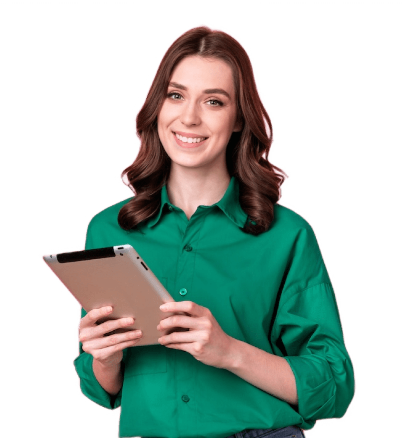 Happy woman holding a tablet.